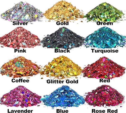 HEMOER Holographic Chunky Glitter, 12 Colors Sparkle Sequins, Mix Exclusive Polyester Glitter Set for Epoxy Resin, Tumblers,Crafts, Makeup, Festival Party Decoration - 0.42oz Each Bottle