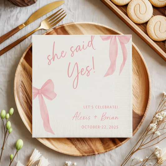 Personalized Engagement Napkins - She Said Yes Custom Cocktail Napkins for Party Decor