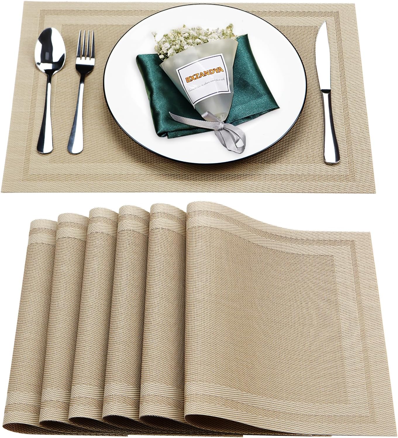 Placemats Set of 6,Washable,Heat and Stain Resistant Indoor/Outdoor Place mats,Vinyl Woven Non Slip Table Mats for Restaurant Table Protection,PVC Placemats(Beige,6PCS)