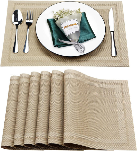 Placemats Set of 6,Washable,Heat and Stain Resistant Indoor/Outdoor Place mats,Vinyl Woven Non Slip Table Mats for Restaurant Table Protection,PVC Placemats(Beige,6PCS)