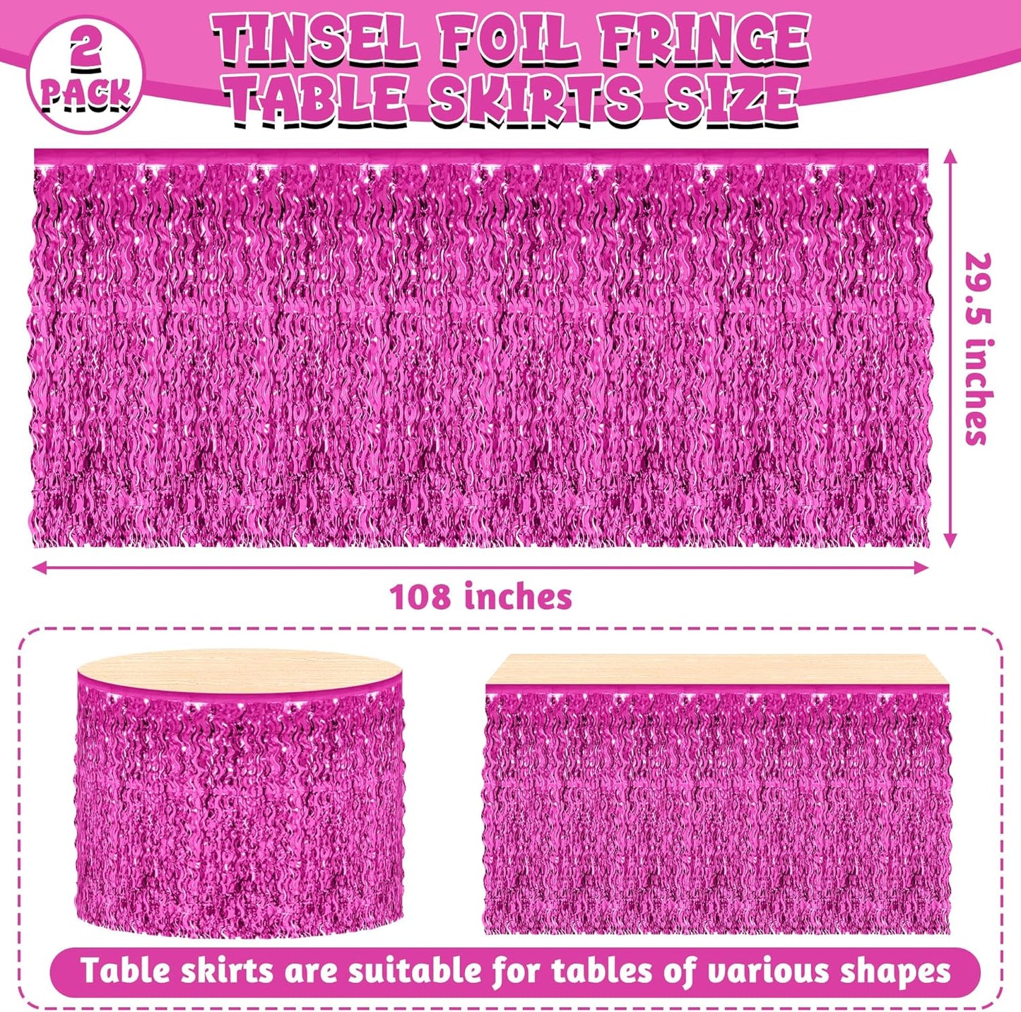 2 Pack Hot Pink Table Skirt Decor, Breast Cancer Awareness Decorations Foil Grass Skirt for Table, Metallic Wavy Tinsel Foil Fringe Table Skirts, Table Foil Skirts Wedding Birthday Valentines Party