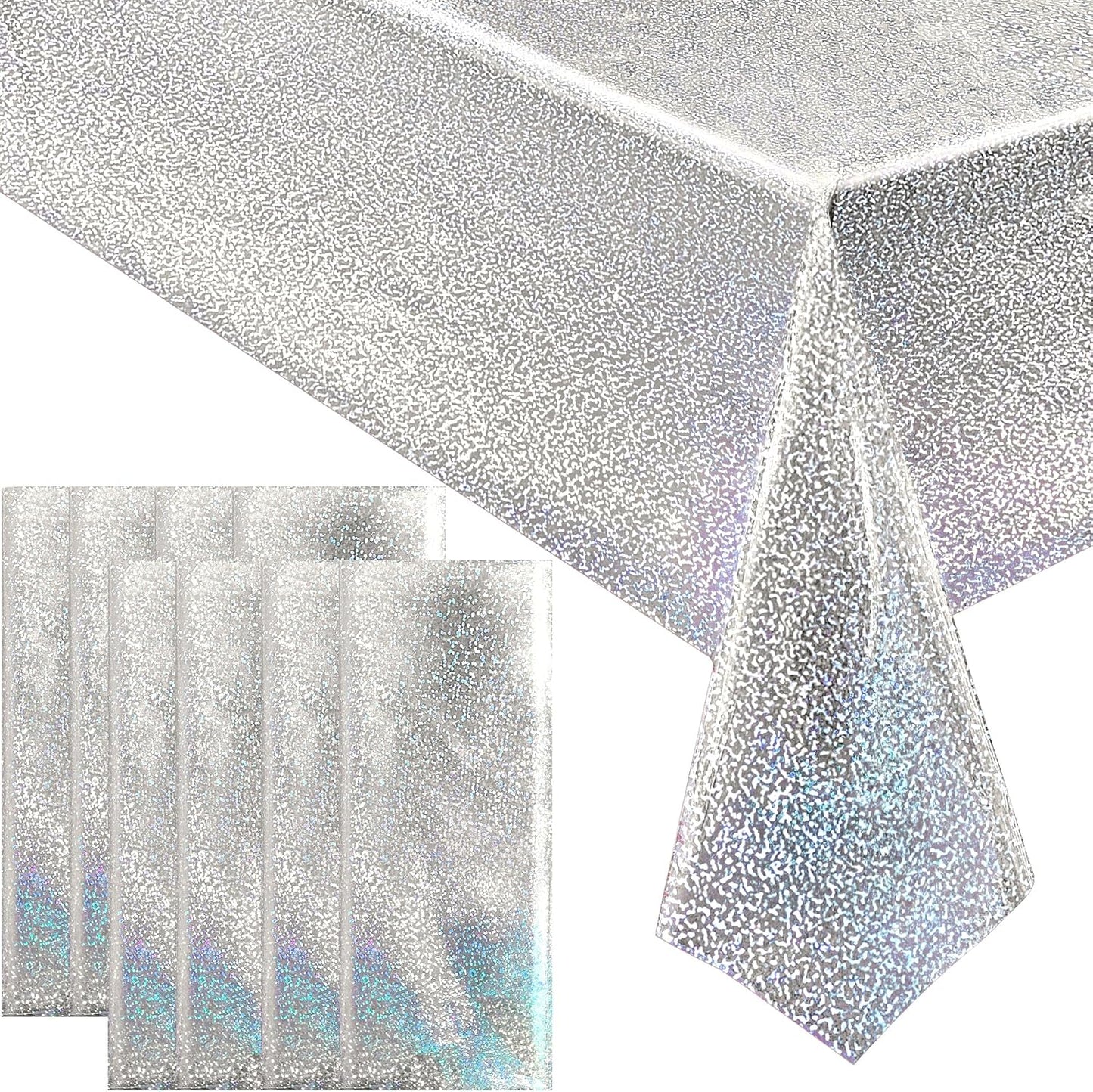 8 pcs Silver Holographic Tablecloths Shiny Disco Laser Table Cloths 40" x 108" Iridescence Plastic White Table Cover for Birthday Party Decoration Wedding Christmas Winter Grad Party Supplies