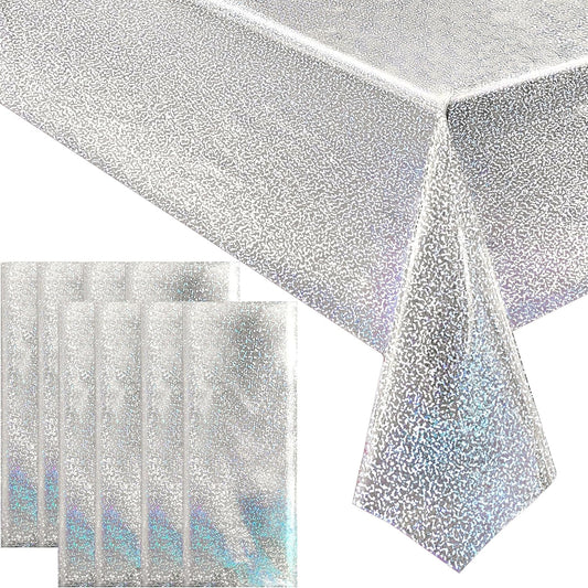 8 pcs Silver Holographic Tablecloths Shiny Disco Laser Table Cloths 40" x 108" Iridescence Plastic White Table Cover for Birthday Party Decoration Wedding Christmas Winter Grad Party Supplies