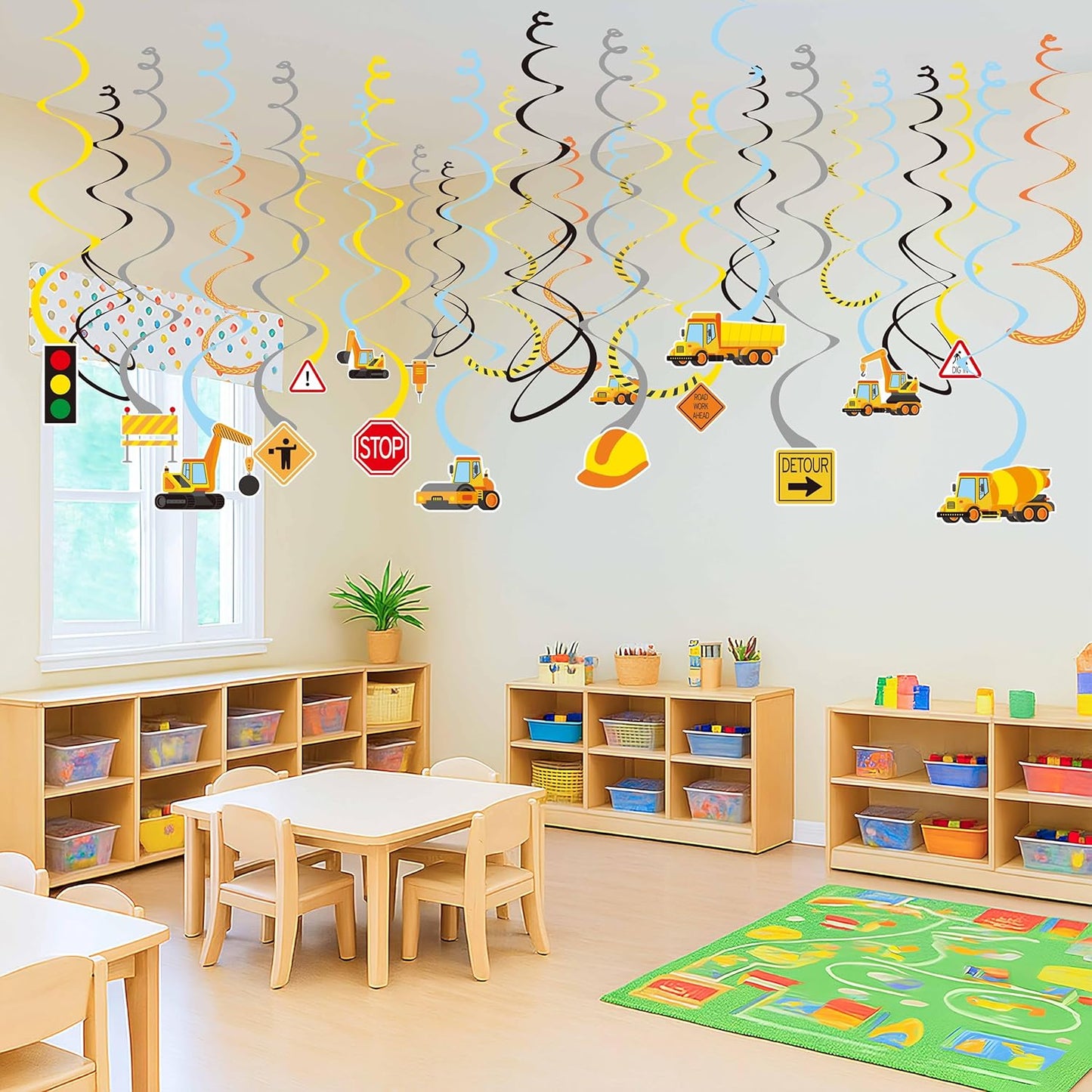 Construction Theme Hanging Swirl Decorations, 36PCS Construction Party Ceiling Streamers with Preassembled Hooks, Trucks, Helmets, Signs & More—for Birthdays, Events, or Work Zone Theme Decor
