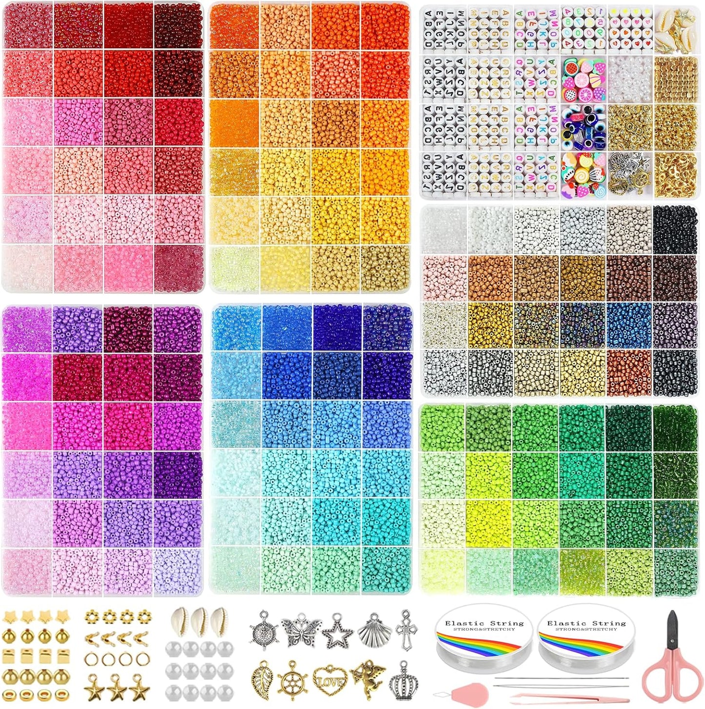Redtwo 3mm 44500pcs Glass Seed Beads Kit, 7 Boxes 144 Colors Small Beads for Bracelets, Friendship Bracelet Kit with Charms and Letters