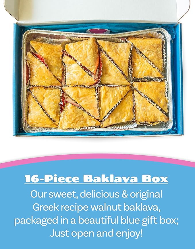 Bakluva 16-Piece Baklava Pastry Dessert Gift Box - (16) Large 2.3 oz (66 gram) Pieces - Perfect for Gifts, Parties, and More