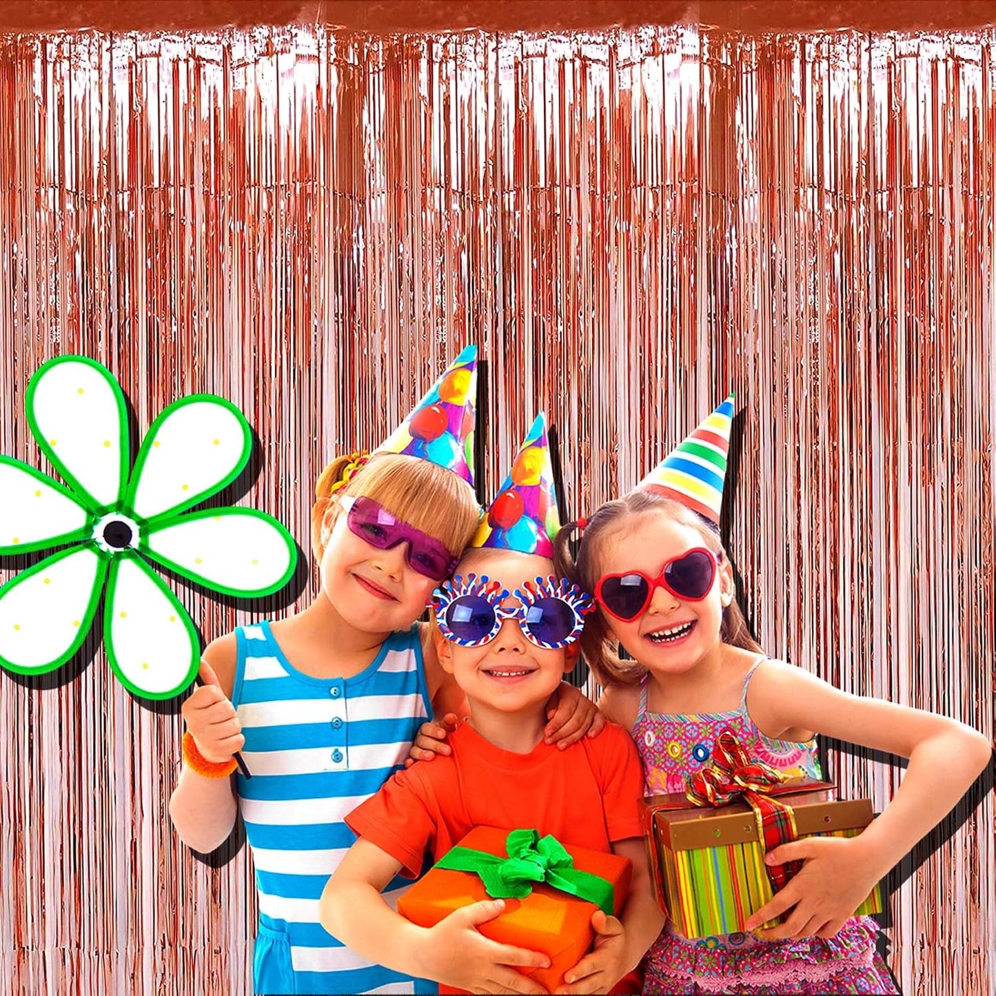 4 Pack Rose Gold Foil Fringe Curtain Backdrop, 3.28Ft x 9.84Ft Metallic Tinsel Foil Fringe Streamers Curtains for Party,