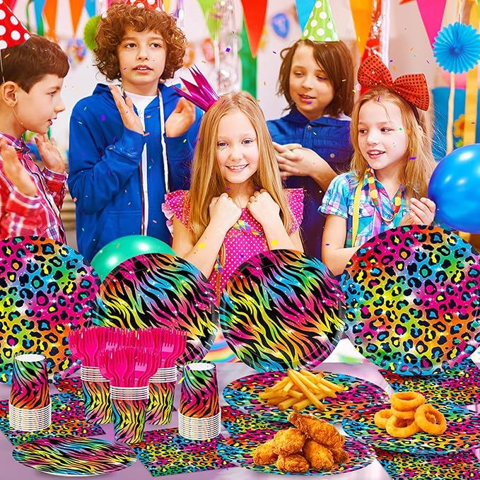 120pcs Neon Rainbow Leopard Birthday Party Supplies Sparkly Splatter Paper Tableware Set Include Leopard Plates Napkins Tiger Print Cups for Girls Neon Cheetah Birthday Party Decorations Serve 24