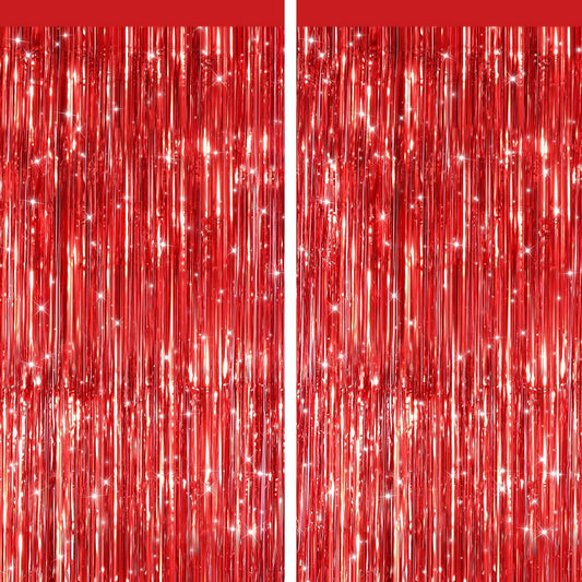 2 Pack Red Metallic Tinsel Foil Fringe Curtains, Door Streamers Photo Booth Backdrop for Birthday Party, Tinsel Curtain Backdrop for Baby Shower Bachelorette Christmas Party Decorations