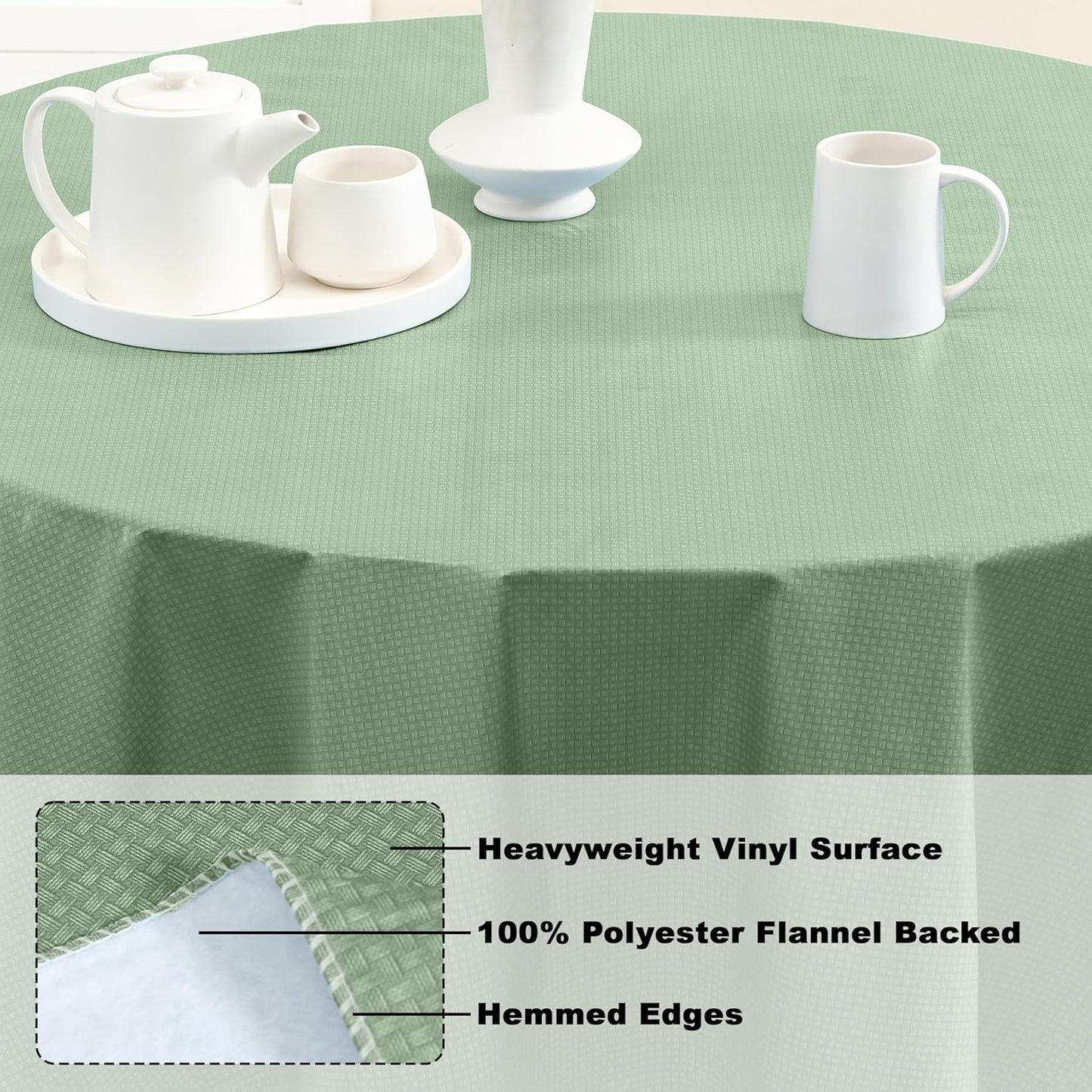 Newbridge Basketweave Vinyl Flannel Backed Tablecloth, 70 Inch Round, Sage Green, Basket Weave Textured Indoor Outdoor Waterproof Table Cover for Patio, Kitchen, Dining