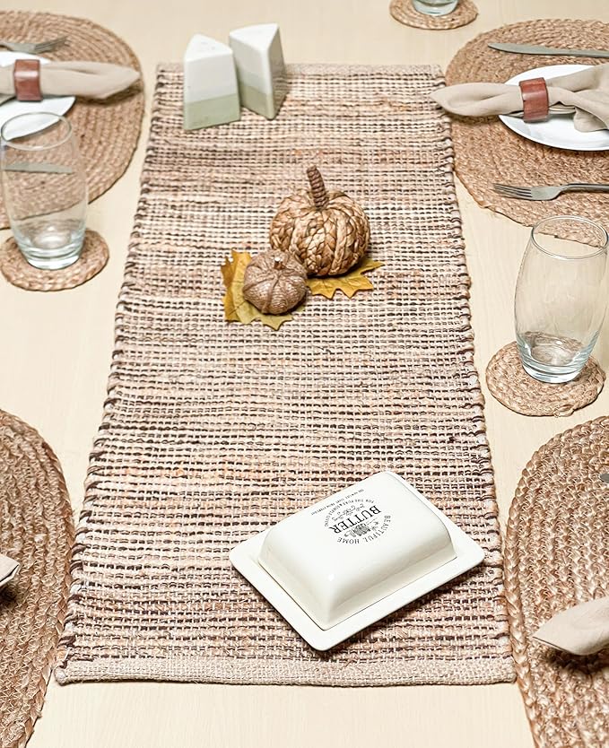 Chardin home Natural Jute Table Runner 13x48 Inch – Vintage Boho Rustic Table Decor – Handwoven Table Runner in Natural Jute and Brown – Farmhouse Dining or Console Table Accent