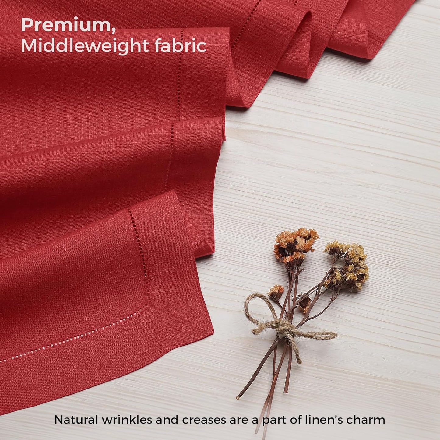 D'Moksha Homes Linen Bright Red Table Runner 108 Inches Long - 100% Pure Linen 14 x 108 Inch Table Runner for Fall, Autumn and Halloween - Classic Hemstitch
