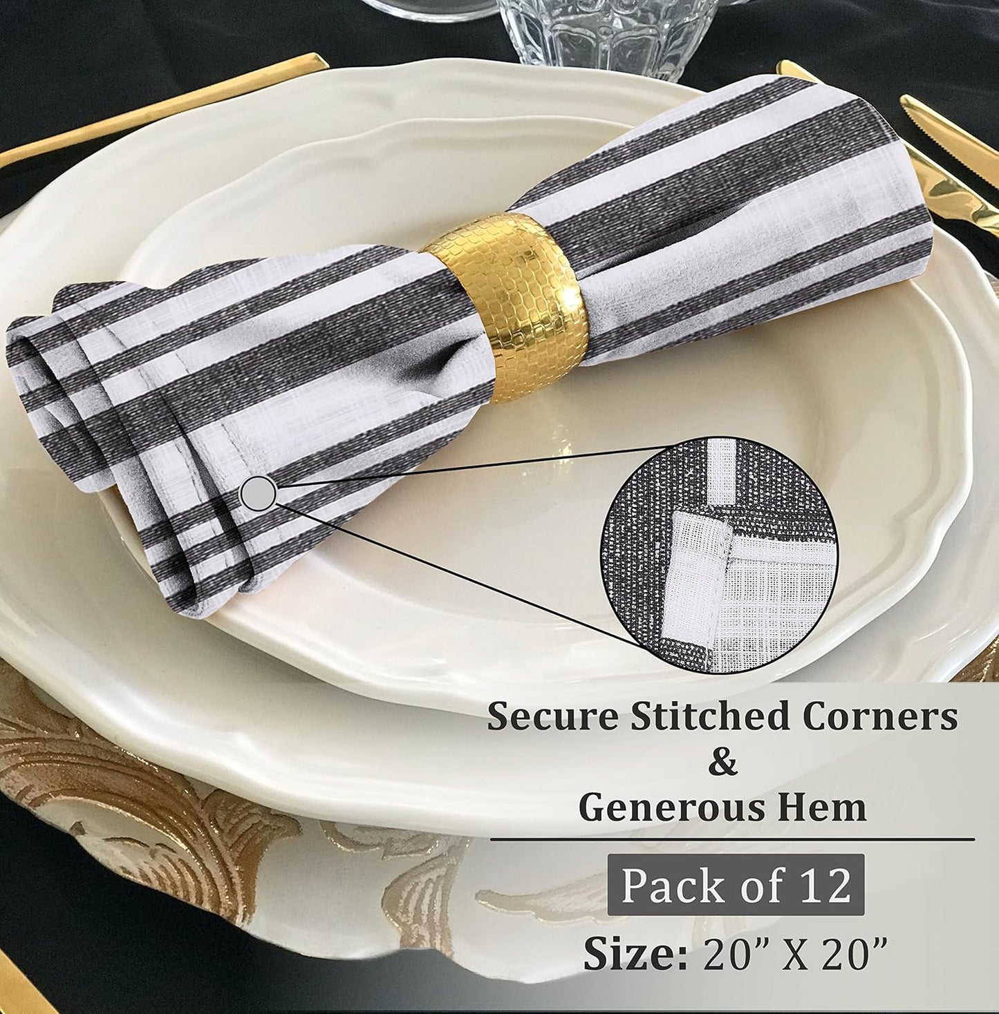 RUVANTI Cloth Napkins Set of 12 Cotton 100%, 20x20 Inches Napkins Cloth Washable, Soft, Absorbent. Cotton Napkins for Parties, Christmas, Thanksgiving, Weddings, Dinner Napkins Cloth - Grey Stripes