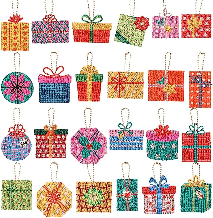 Huquary 24 Pcs Diamond Art Christmas Ornaments 5D DIY Christmas Diamond Arts Painting Keychains Xmas Hanging Painting Kits Gift Boxes Crystal Rhinestone Craft for Home Winter Holiday Gifts