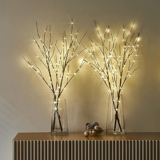 LITBLOOM Lighted Brown Willow Branches with Timer Battery Operated Set of 2 Tree Branch with Warm White Lights for Holiday and Party Decoration 32IN 100 LED Waterproof