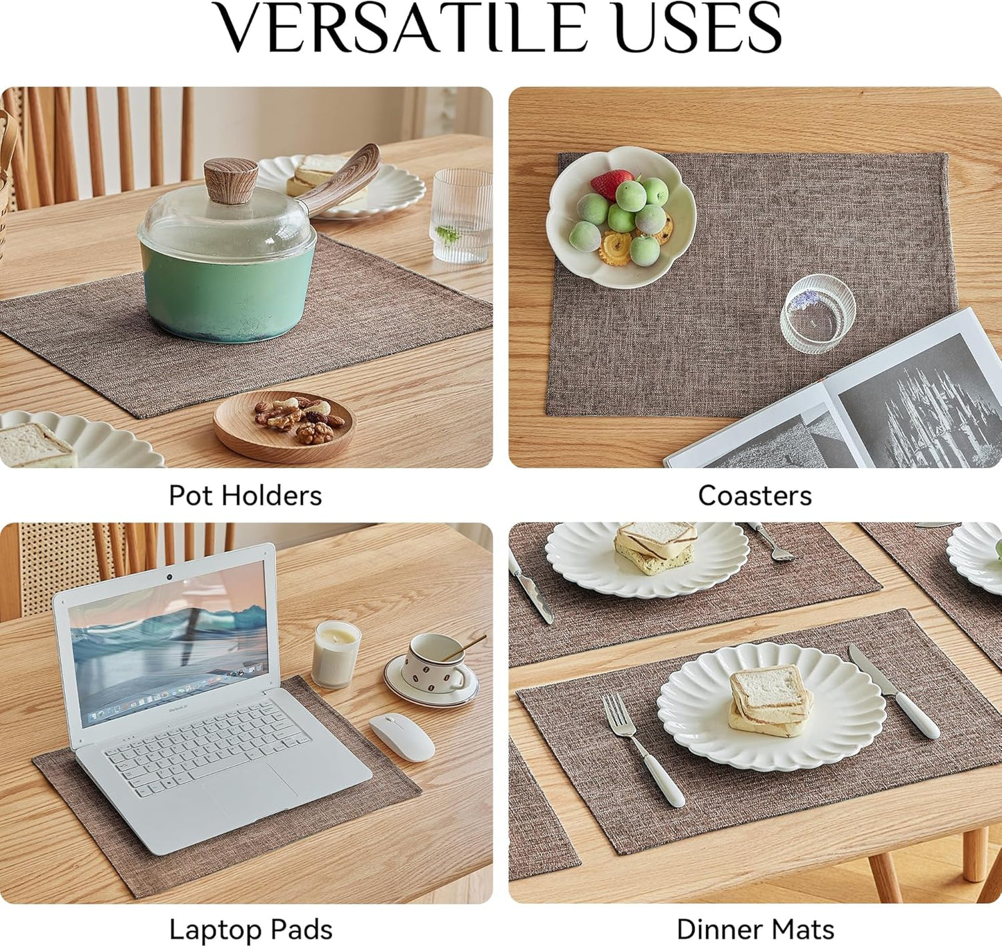 Softalker Faux Linen Placemats Set of 8-12 x 18 Inch, Heat Resistant Double Layered Durable Burlap Farmhouse Place Mats, Non-Slip Washable Rustic Table Mats for Dining, Kitchen, Party,Natural Linen
