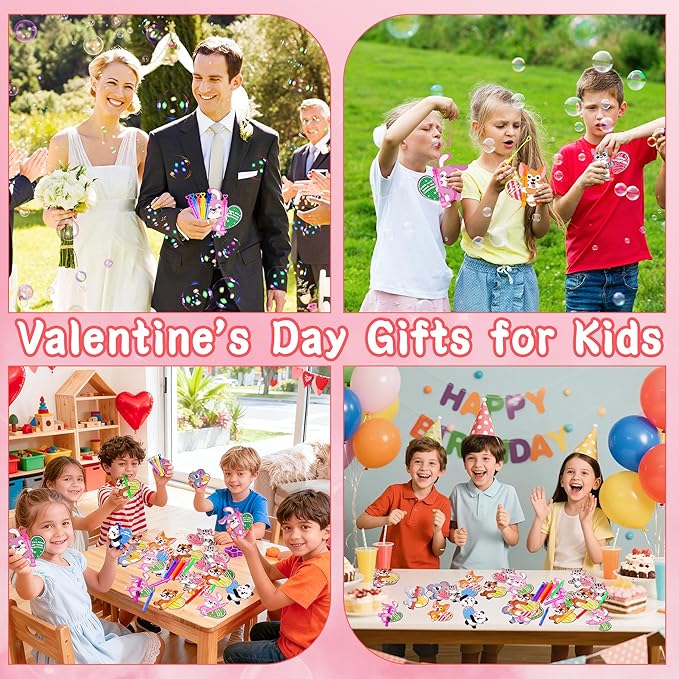 30 Pack Valentines Day Gifts for Kids School Mini Bubble Wands with Valentines Animals Valentines Cards for Kids Classroom, Valentines Day School Prize Party Favors Classroom Exchange Gift Set
