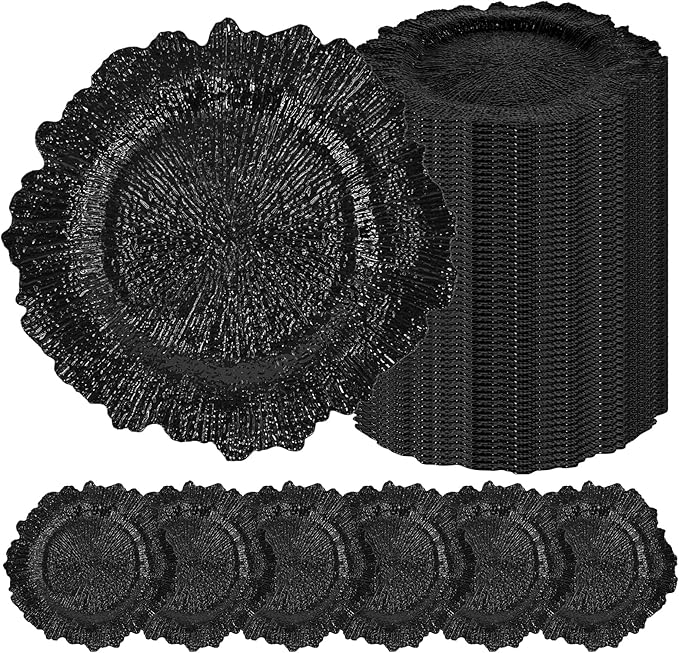 50 Pcs Black Charger Plates Bulk 13 Inch Plastic Charger Plates for Dinner Plate, Black Chargers for Table Setting, Reef Design Plate Floral Decorative Round Chargers for Wedding Party, Event