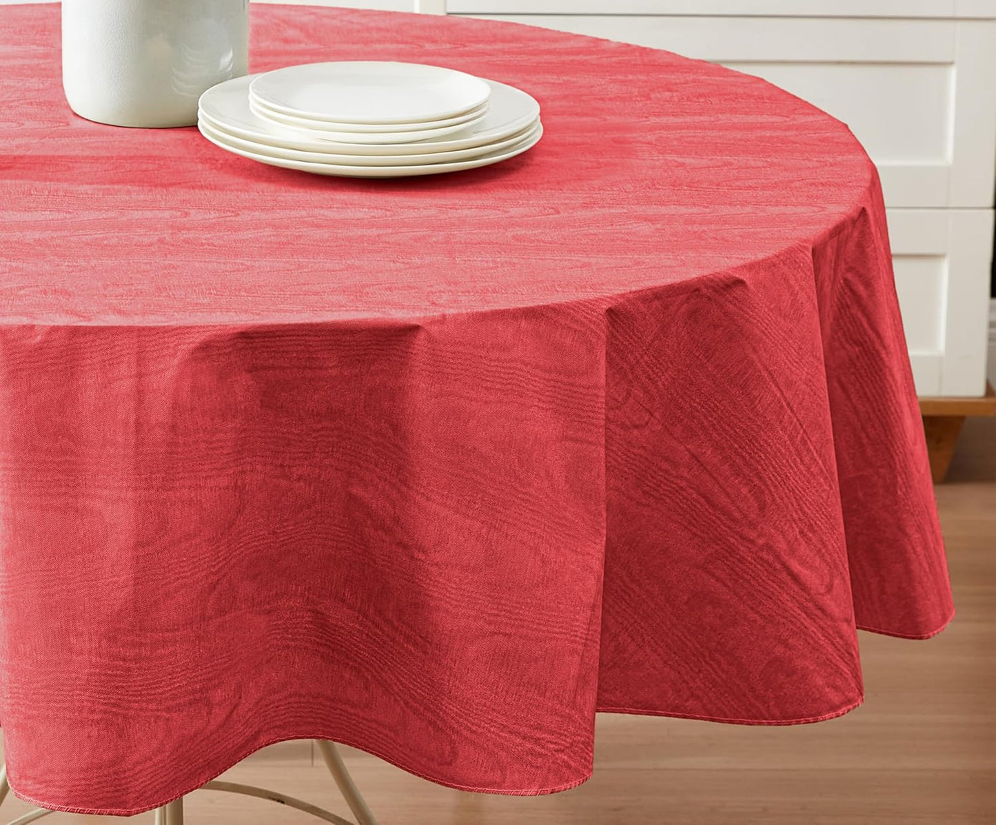 Newbridge Vinyl Flannel Backed Tablecloth, 60 x 84 Inch Oval, Red Moire Wavy Solid Design, Heavyweight Indoor Outdoor Waterproof Table Cover, Easy Care Wipe Clean