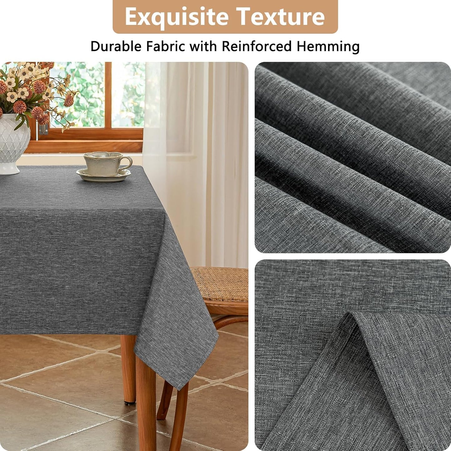 Fabric 52x52 Inch Square Grey Table Cloth, Faux Linen Textured Water Resistant & Washable Card Tablecloth, Anti-Scratch for Dinning Kitchen Patio