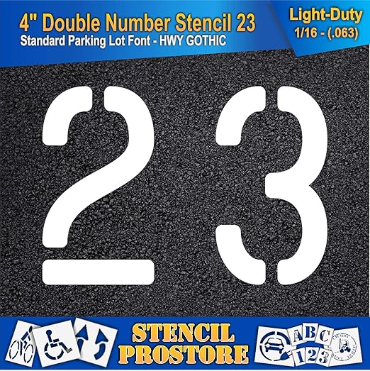 Pavement, Curb, and WheelStop Stencils - 4 inch Double Number Stencil - (23) - 4" x 5.5" x 1/16" (63 mil) - Light-Duty