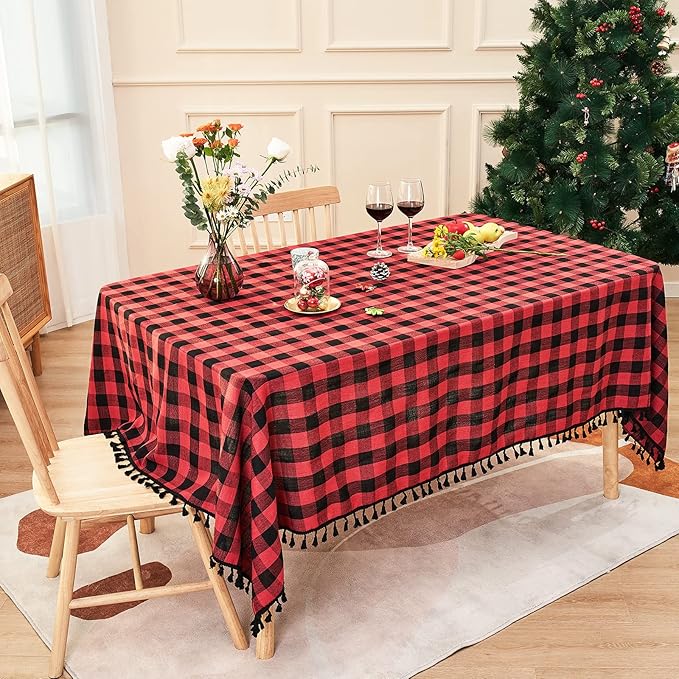Christmas Tablecloth Buffalo Plaid Tablecloths-Cotton Gingham Table Cloth for Kitchen Restaurant Farmhouse Holiday Decor (Rectangle/Oblong, 55x70,Red and Black)