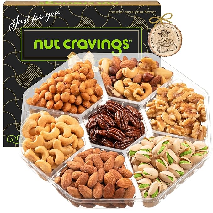 NUT CRAVINGS - Halloween Treats For Adults Mixed Nuts Gift Basket in Black Gold Box (7 Assortments, 1 LB) Holiday Xmas Christmas Food Arrangement, Healthy Snack Care Package, Food Assortments