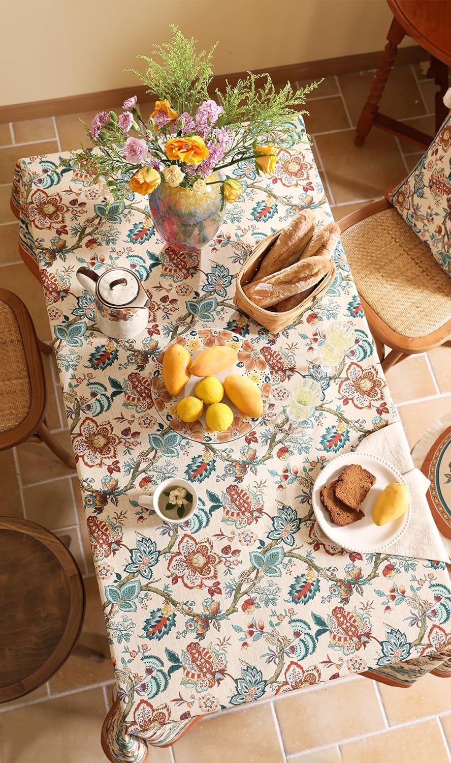 Linen Colorful Floral Rectangle Tablecloth,Vintage Indian Colorfast Block Print Extra Long Table Cloth,Decor Table Cover for Kitchen,Dining,Thanksgiving,Christmas,63"*110"-Mangala