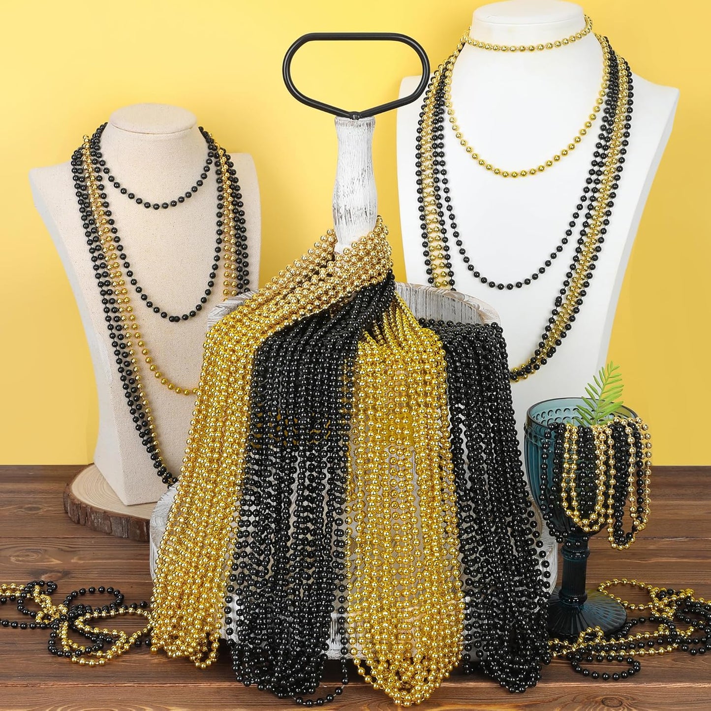 15PCS New Years Eve Bead Party Supplies, Black Gold Bead Necklace Decorations, 33" New Years Graduations Beads Necklaces Supplies, Festival Graduations New Years Party Supplies Accessories Bulk