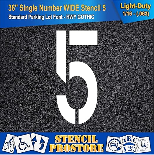 Pavement Stencils - 36 inch Single Number Stencil (Wide) - 5-36" x 16" x 1/16" (63 mil) - Light-Duty