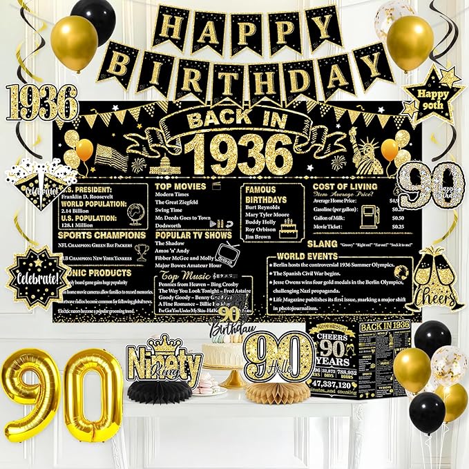 90th Birthday Decorations for Men, Black Gold Back in 1936 Party Supplies Kit with Banner, Backdrop, Sash, Balloons, Cake Topper & Honeycomb Centerpieces, Happy 90 Year Old Birthday Decorations