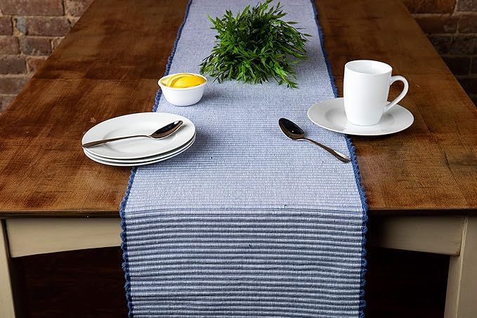 Sticky Toffee Cotton Table Runner 14x72 in – Blue Woven Ribbed Farmhouse Boho Décor for Kitchen or Dining Table, Oeko-Tex Cotton