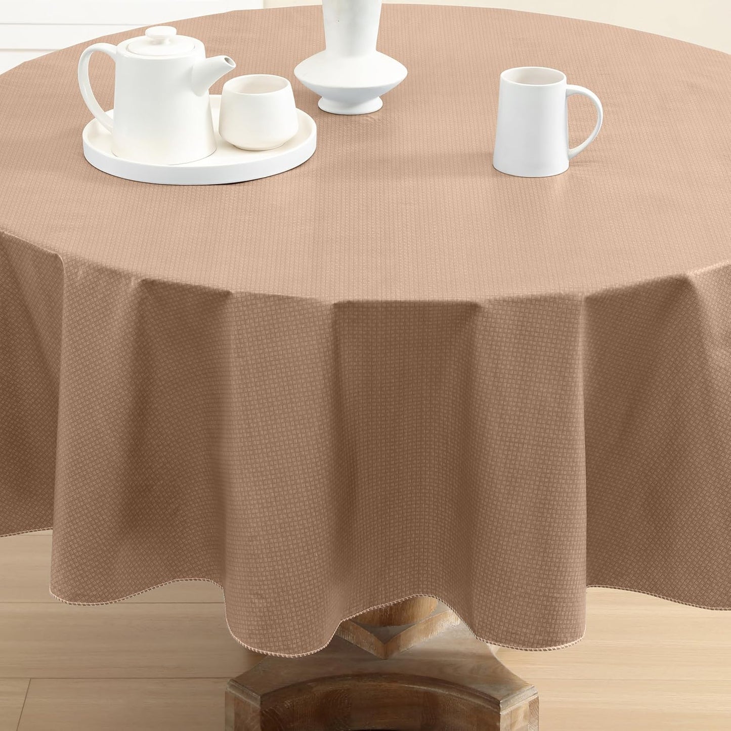 Newbridge Basketweave Vinyl Flannel Backed Tablecloth, 70 Inch Round, Taupe, Basket Weave Textured Indoor Outdoor Waterproof Table Cover for Patio, Kitchen, Dining