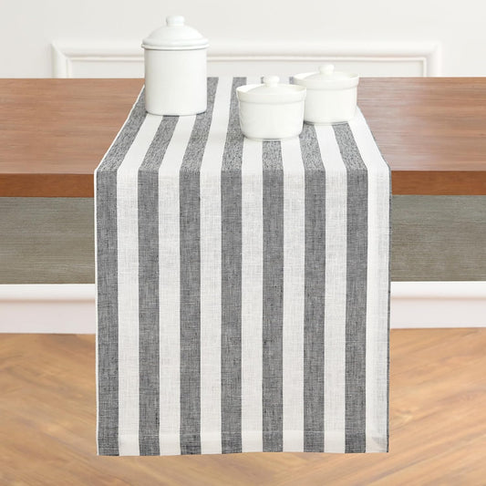 Solino Home Linen Table Runner 90 Inches Long - Sorrento Stripe, 100% Pure Linen Black and White Table Runner 14 x 90 Inch for Dining, Fall, Autumn