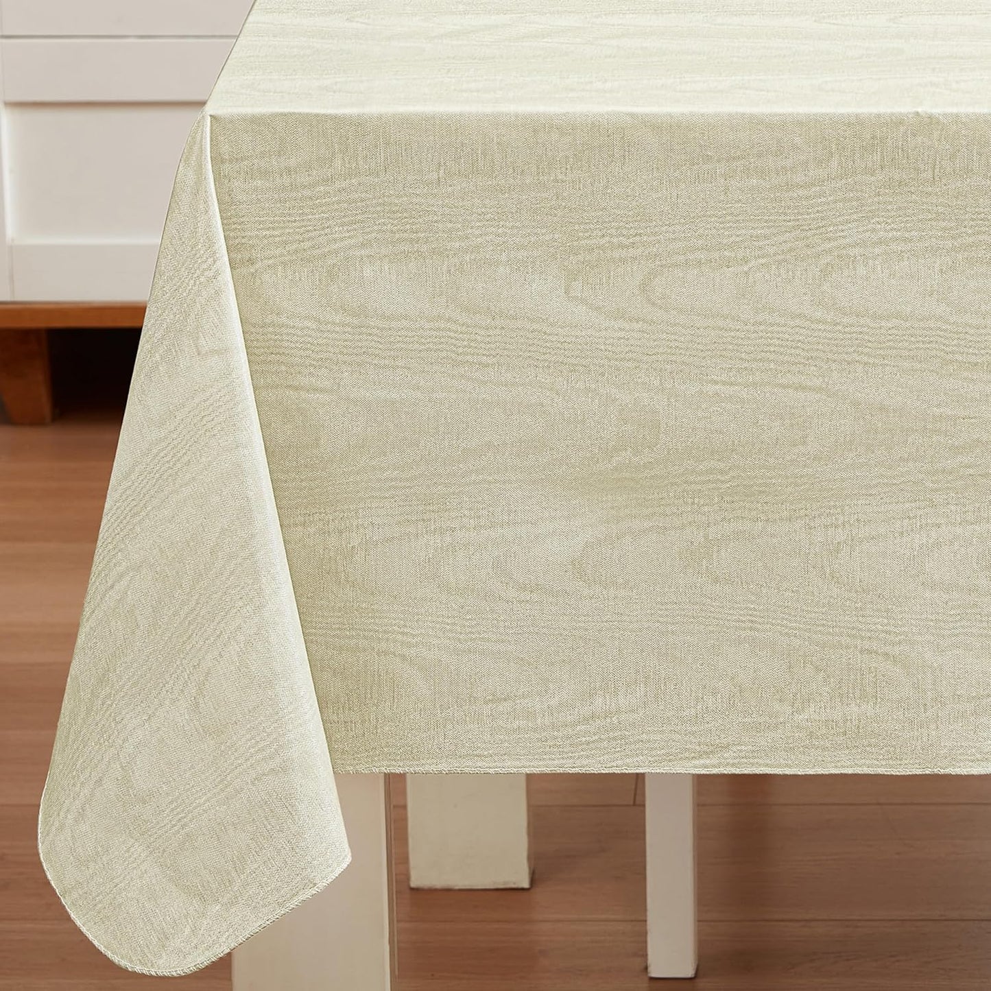 Newbridge Vinyl Flannel Backed Tablecloth, 60 x 120 Inch Rectangle, Beige Moire Wavy Solid Design, Heavyweight Indoor Outdoor Waterproof Table Cover, Easy Care Wipe Clean