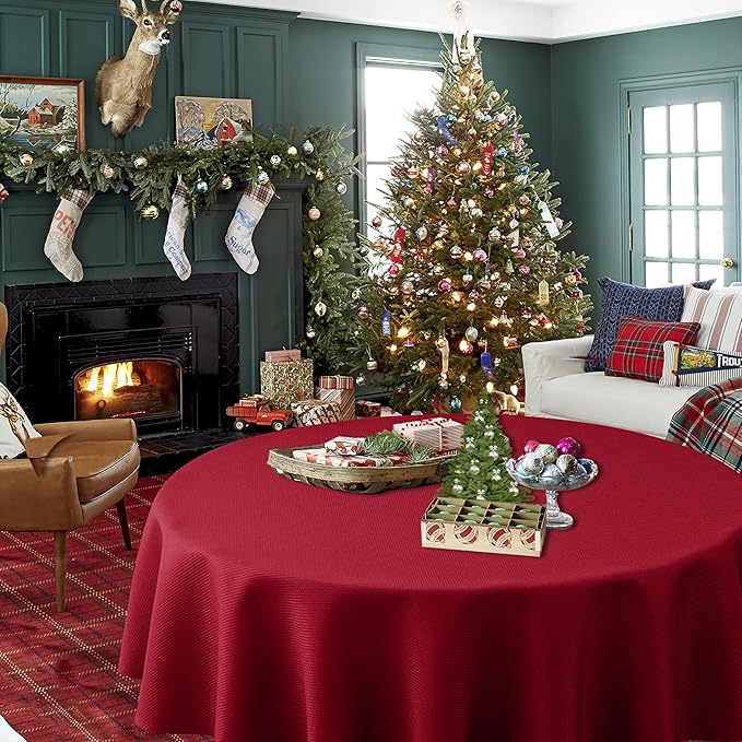 Biscaynebay Round Christmas Tablecloths 60" for Round Tables diameters from 28" to 48", Red Textured Fabric Water Resistant Folding Table Covers Washable for Dining, Kitchen, Wedding, Parties