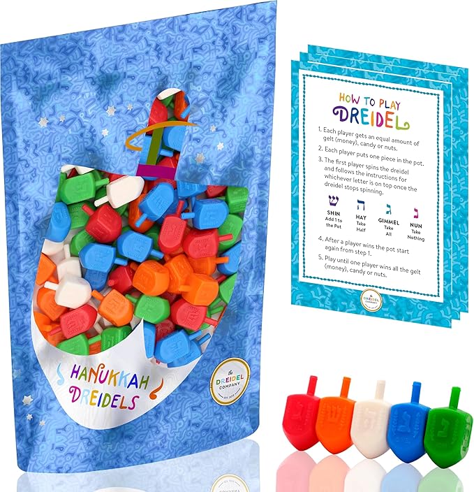 50 Pack Hanukkah Dreidels Multicolor Plastic Chanuka Draydels with English Transliteration, Includes Dreidel Game Instruction Card
