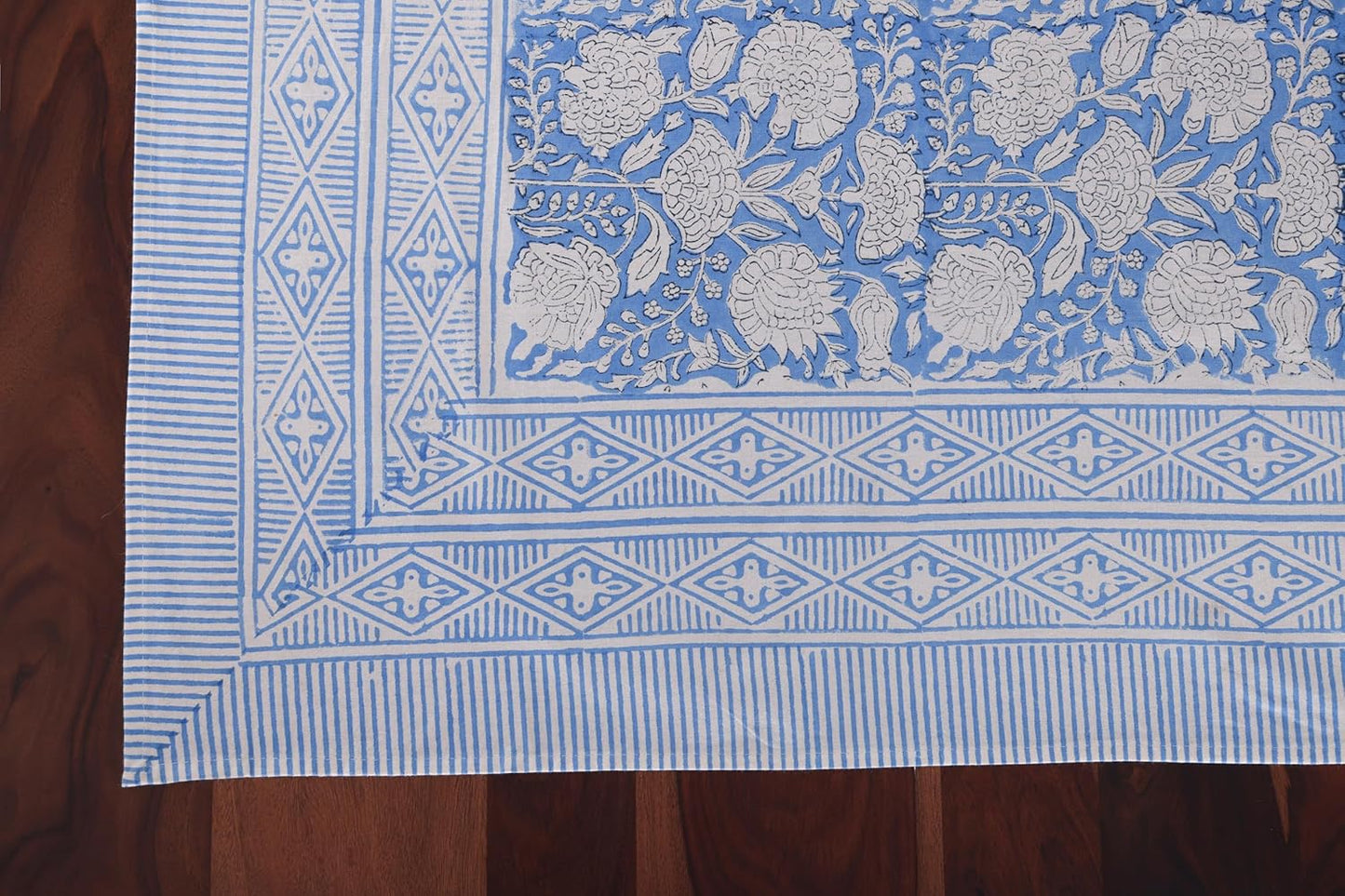 ATOSII Azora Blue 100% Cotton Rectangle Fall Tablecloth, Handblock Floral Print Linen Table Cloth for Kitchen Dining I Parties, Outdoors, Christmas, Thanksgiving I 72 X 140 Inches I 12 Seater