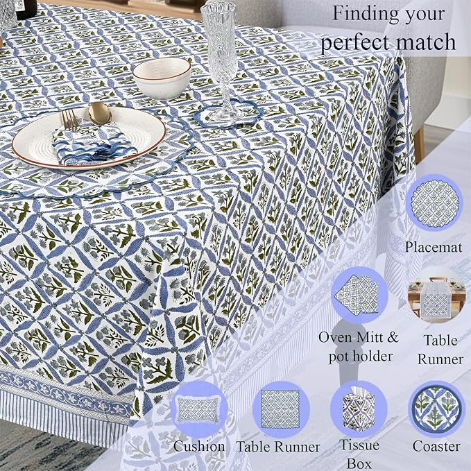 Ridhi Hand Block Print Light Steel Blue Rectangle Cotton Tablecloth 102" x 48" Reusable Table Cover Decorative Everyday Use for Dining, Farmhouse, Home Gift for Spring, Easter, Valentine