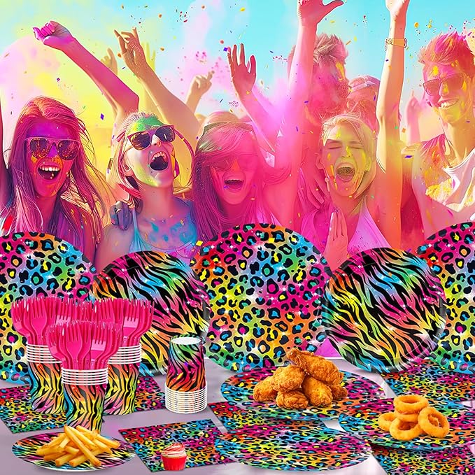120pcs Neon Rainbow Leopard Birthday Party Supplies Sparkly Splatter Paper Tableware Set Include Leopard Plates Napkins Tiger Print Cups for Girls Neon Cheetah Birthday Party Decorations Serve 24