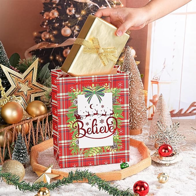 Loveinside Christmas Gift Bags Set, Gold Foil Holiday Wreath & Plaid Design, Medium Size Bags with Handle, Tissue Paper for Christmas Gifts & Party Favors, 4 Pack, 7" X 4" X 9"