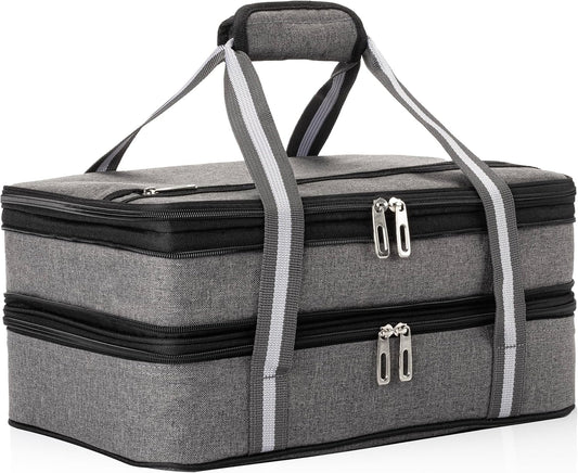 Stack Store Plus More Insulated Casserole Carrier for Hot or Cold Food, Lasagna Holder for Picnic, Potluck, Cookout - Fits 9” x 13” and 11” x 15” Baking Dish – Expandable Double Thermal Bag in Gray
