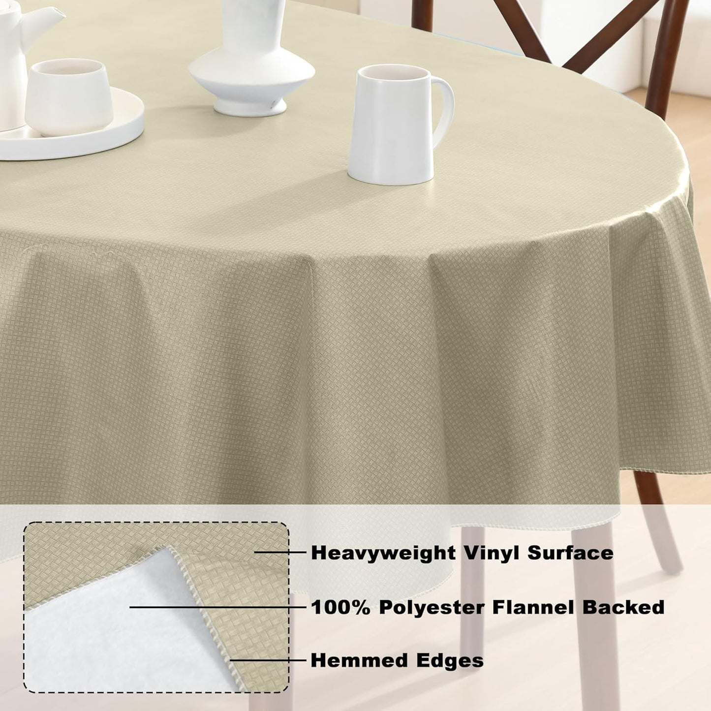 Newbridge Basketweave Vinyl Flannel Backed Tablecloth, 60 x 84 Inch Oval, Natural, Basket Weave Textured Indoor Outdoor Waterproof Table Cover for Patio, Kitchen, Dining