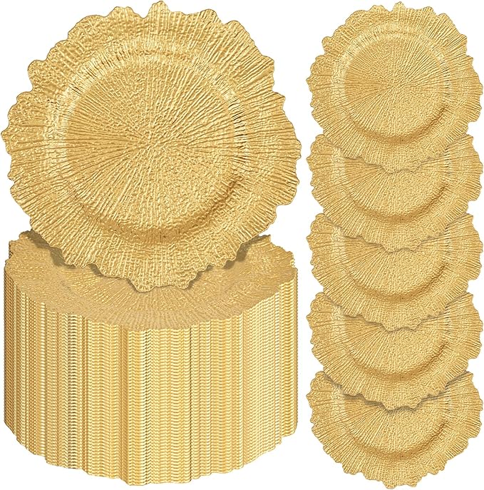 Pesonlook 50Pcs Gold Charger Plates Round 13inch, Reef Plate Chargers for Dinner, Bulk Plastic Floral Table Charger Plates for Dinner Wedding Party Event Table Setting Decoration(Gold)