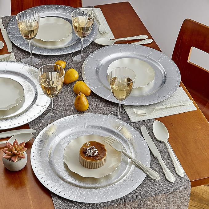 SILVER SPOONS Elegant Disposable Charger Plates For Party - (10 Piece) Heavy Duty Disposable Dinner Set 13”, Fine Dining Charger Dishes For Elegant China Look, for Celebrations & Events, Silver