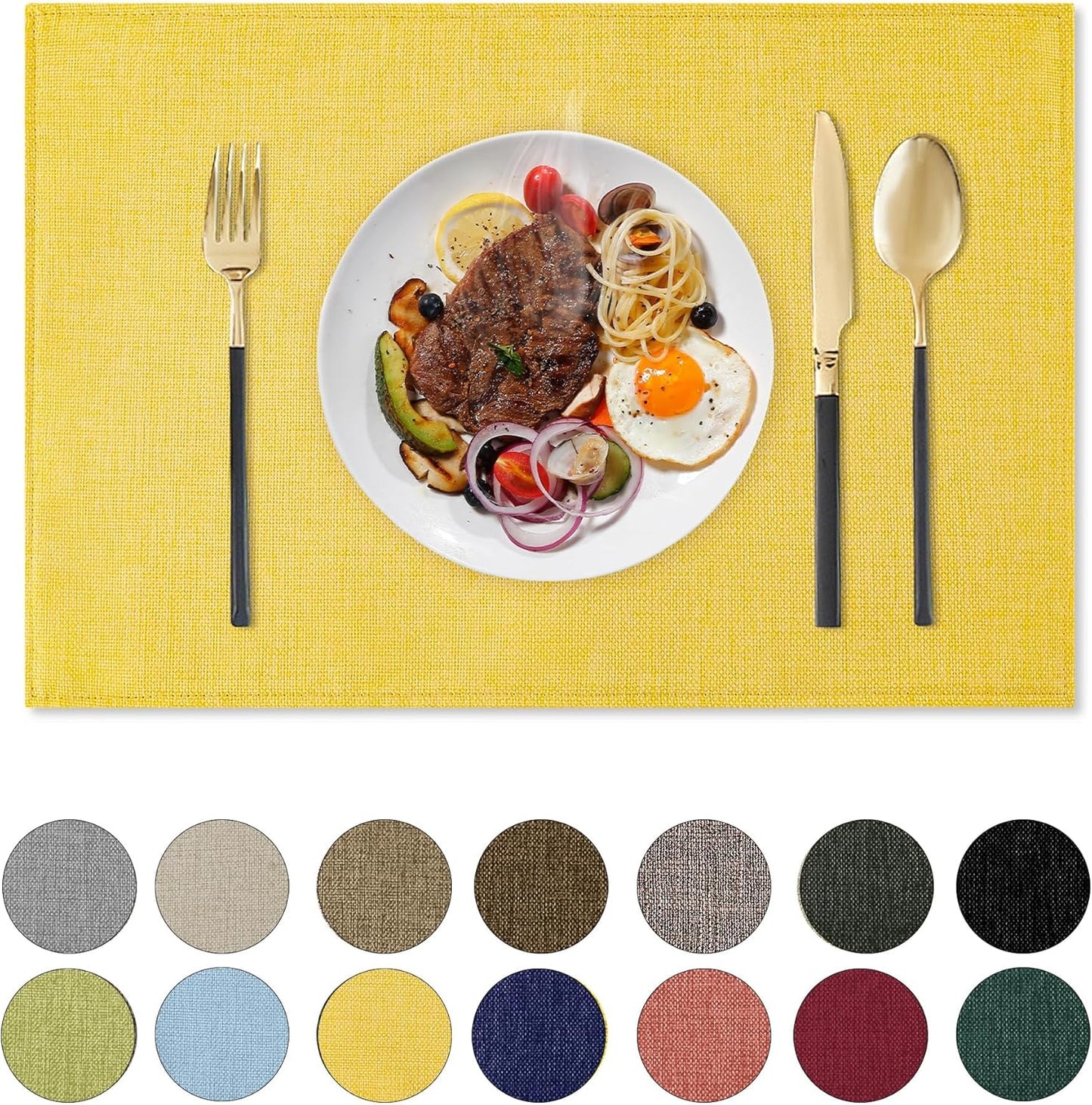 Romanstile Cloth Placemats Set of 4-12 x 18 Inch, Heat Resistant Double Layered Thickened Burlap Place Mats, Washable Faux Linen Farmhouse Table Mats for Kitchen/Dining/Party/Outdoor, Yellow