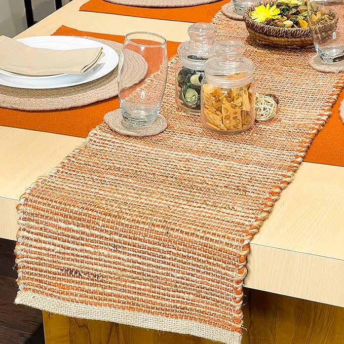 Chardin home Natural Jute Table Runner 13x36 Inch – Vintage Boho Rustic Table Decor – Handwoven Table Runner in Natural Jute and Rust Orange – Farmhouse Thanksgiving tablerunner