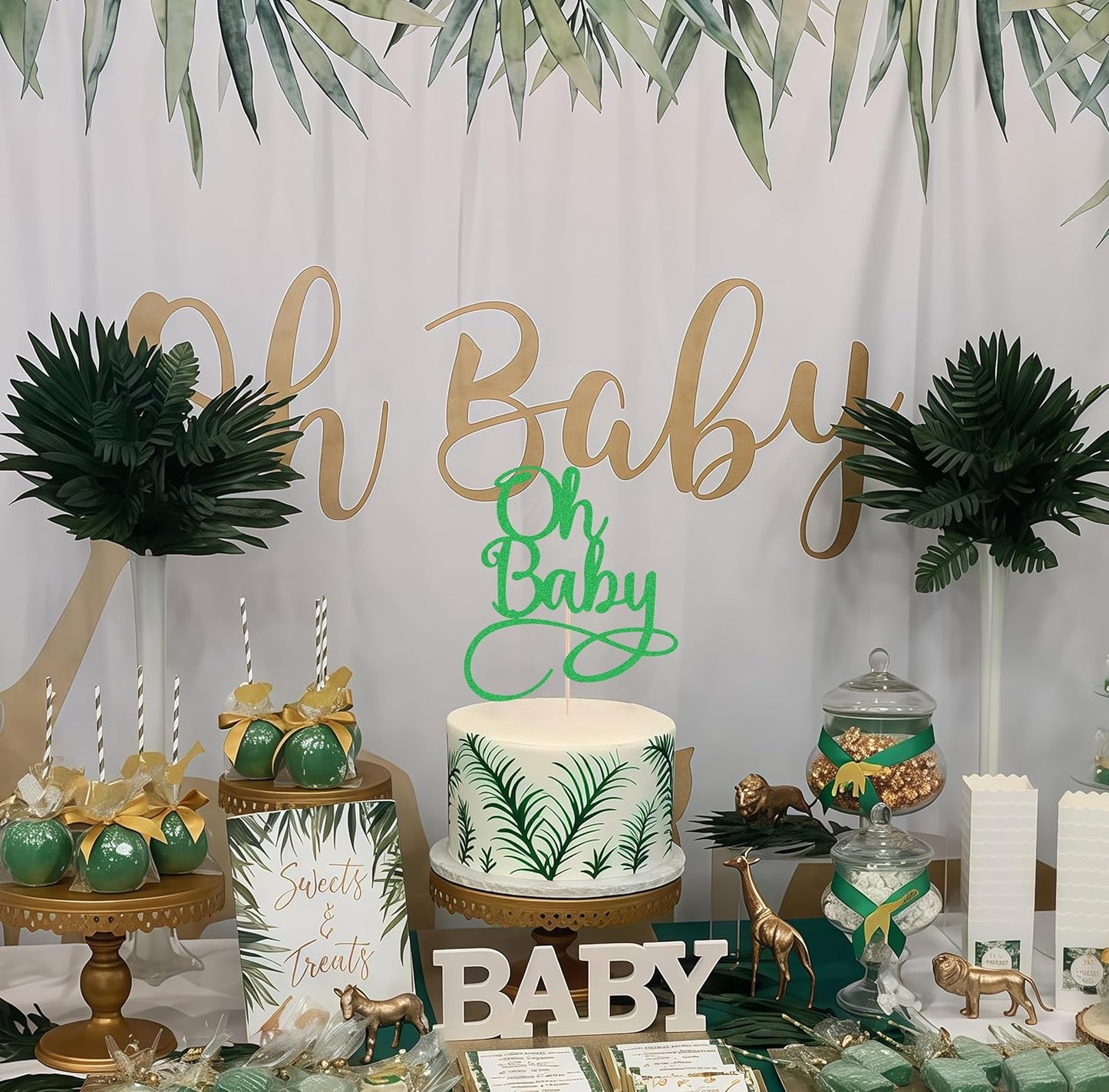 Oh Baby Cake Topper - Green Glitter Baby Birthday Party Cake Decoration Supplies, for Baby Shower/Gender Reveal Party Photo Booth Props