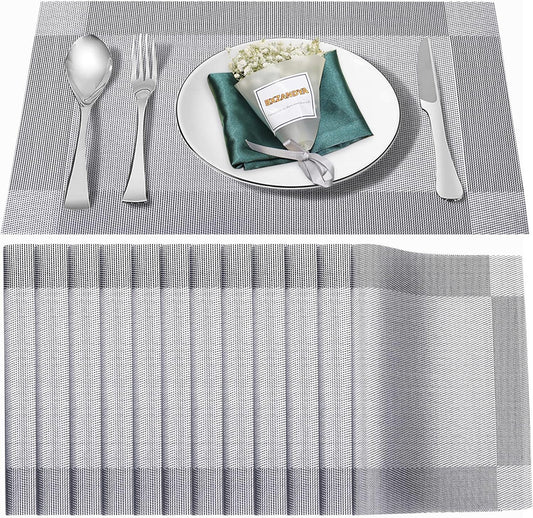 Placemats Set of 12,Washable,Heat and Stain Resistant Indoor/Outdoor Place mats,Vinyl Woven Non Slip Table Mats for Restaurant Table Protection,PVC Placemats(Silver,12PCS)