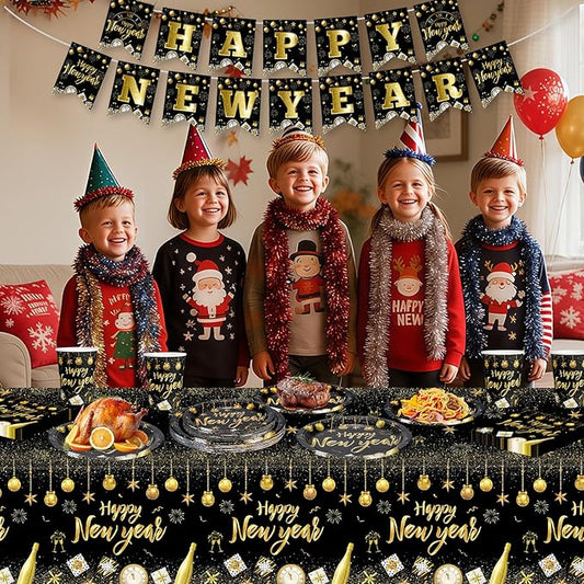 82 Pcs New Years Eve Party Supplies 2026 Set - Black Gold Happy New Year Decorations Kit, Including New Year Plates Napkins Cups Tablecloth and Banner for 2026 Happy New Years Party Decor Supply Favor